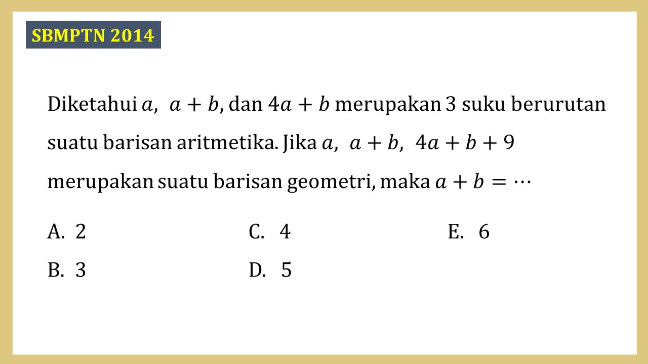 Diketahui a, a+b, dan 4a+b merupakan 3 suku berurutan suatu barisan aritmetika. Jika a, a+b,  4a+b+9 merupakan suatu barisan geometri, maka a+b=⋯
