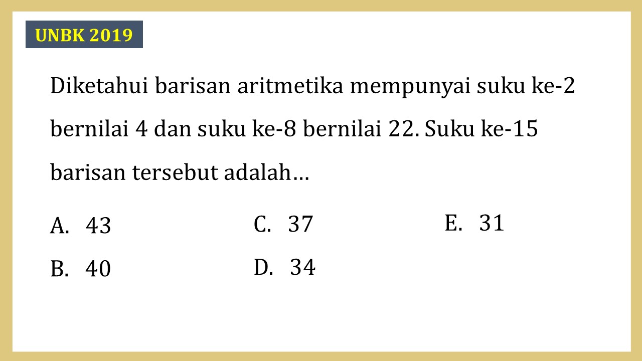 Diketahui barisan aritmetika mempunyai suku ke-2 bernilai 4 dan suku ke-8 bernilai 22. Suku ke-15 barisan tersebut adalah…
