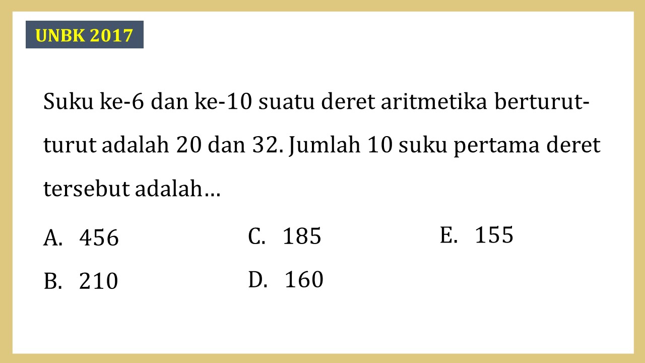 Suku ke-6 dan ke-10 suatu deret aritmetika berturut-turut adalah 20 dan 32. Jumlah 10 suku pertama deret tersebut adalah…
