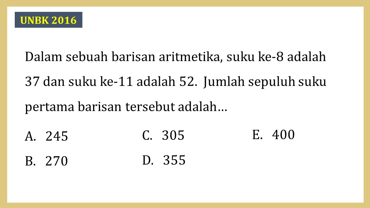 Dalam sebuah barisan aritmetika, suku ke-8 adalah 
37 dan suku ke-11 adalah 52.  Jumlah sepuluh suku pertama barisan tersebut adalah…
