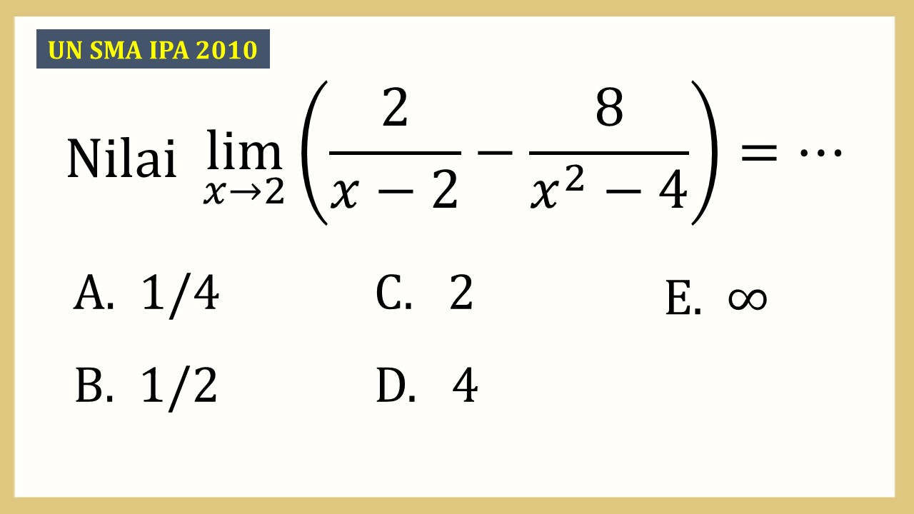 Nilai lim_(x→2) ⁡(2/(x-2)−8/(x^2-4))=⋯