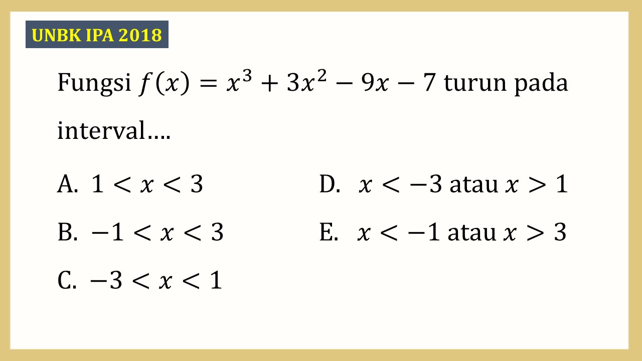 Fungsi f(x)=x^3+3x^2-9x-7 turun pada interval….
