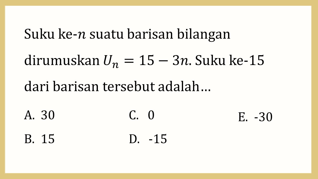 Suku ke-n suatu barisan bilangan dirumuskan Un=15-3n. Suku ke-15 dari barisan tersebut adalah…
