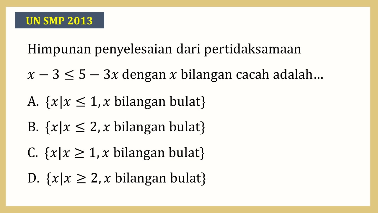 Himpunan penyelesaian dari pertidaksamaan x-3≤5-3x dengan x bilangan cacah adalah…
