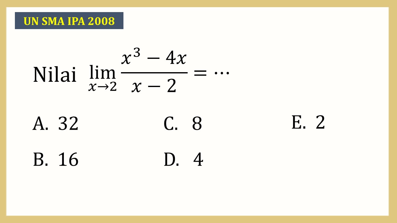 Nilai lim_(x→2)⁡ (x^3-4x)/(x-2)=⋯
