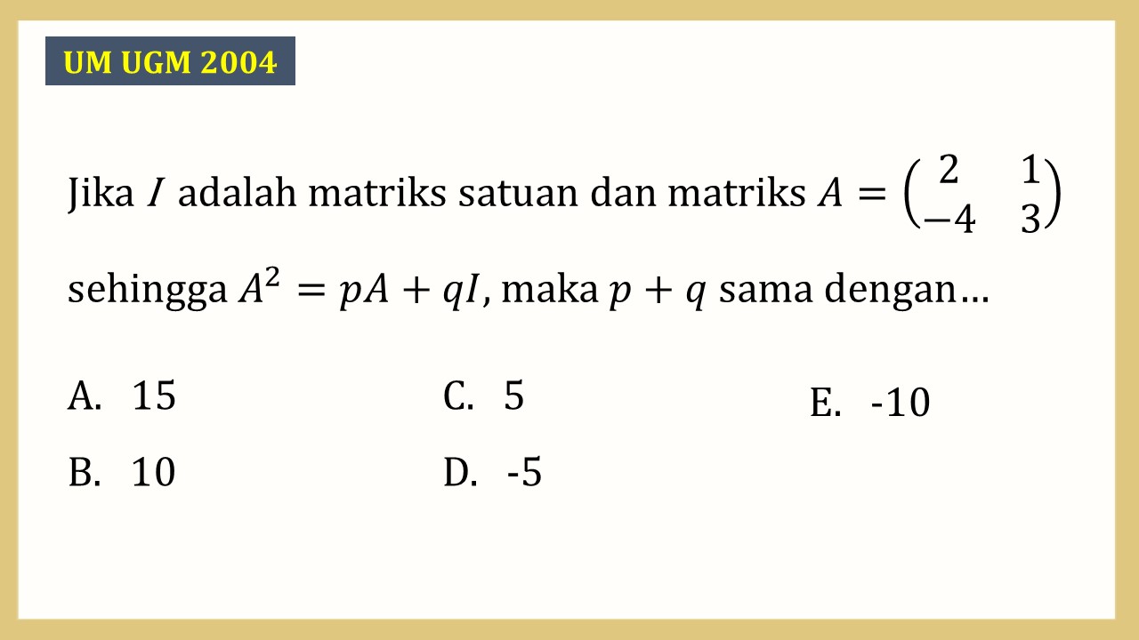 Jika I  adalah matriks satuan dan matriks A=(2 1 -4 3) sehingga A^2=pA+qI, maka p+q sama dengan…
