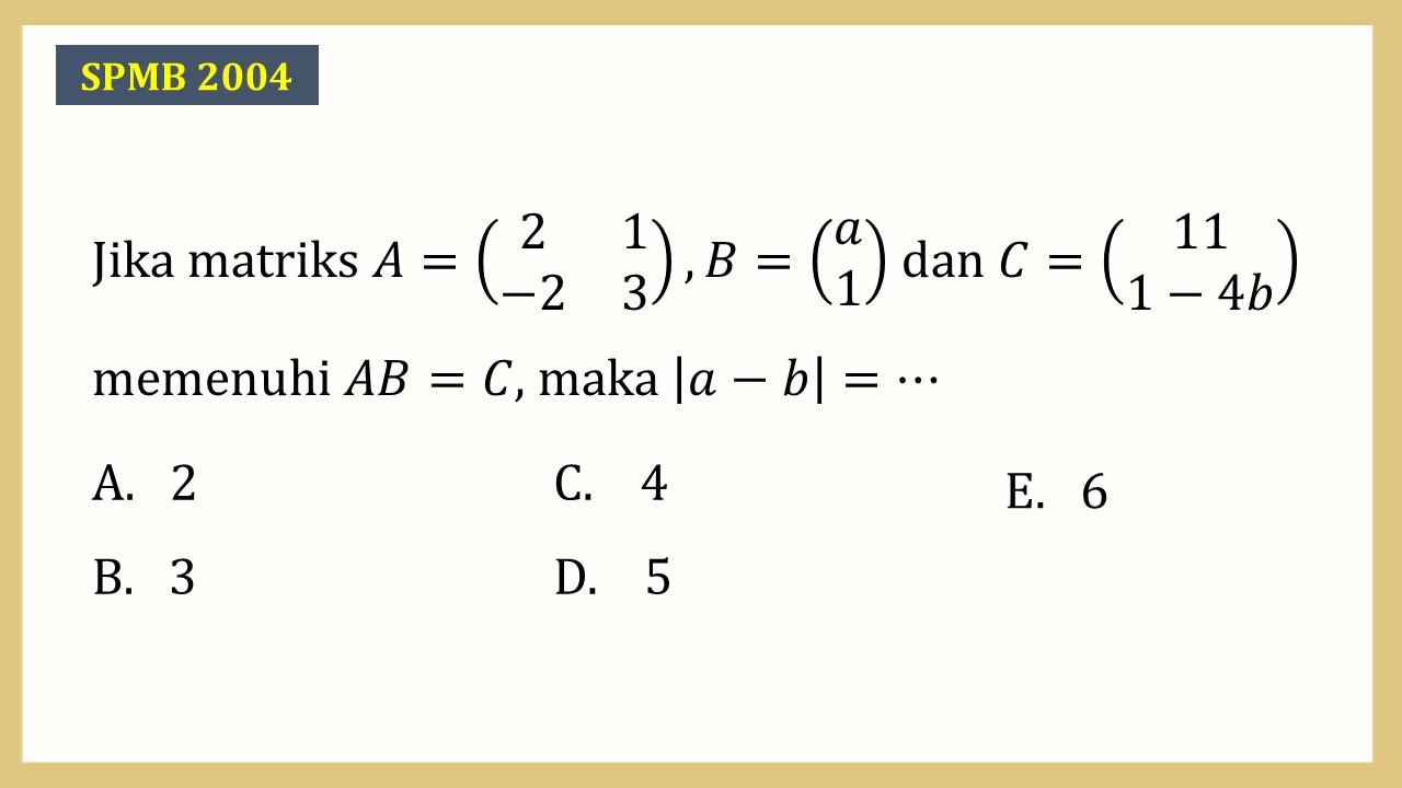 Jika matriks A=(2 1 -2 3), B=(a 1) dan C=(11 1-4b) memenuhi AB=C, maka |a-b|=⋯
