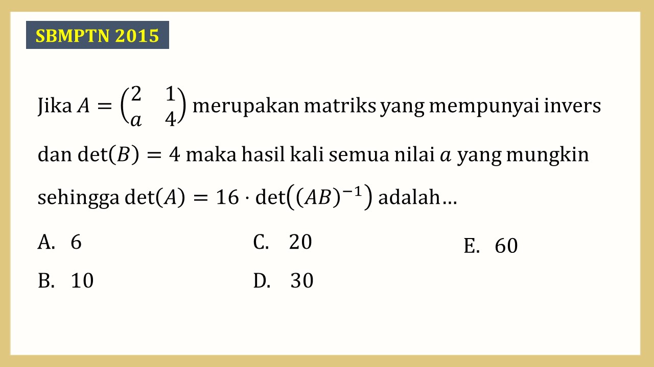 Jika A=(2 1 a 4) merupakan matriks yang mempunyai invers dan det⁡(B)=4 maka hasil kali semua nilai a yang mungkin sehingga det⁡(A)=16 det⁡((AB)^(-1)) adalah…
