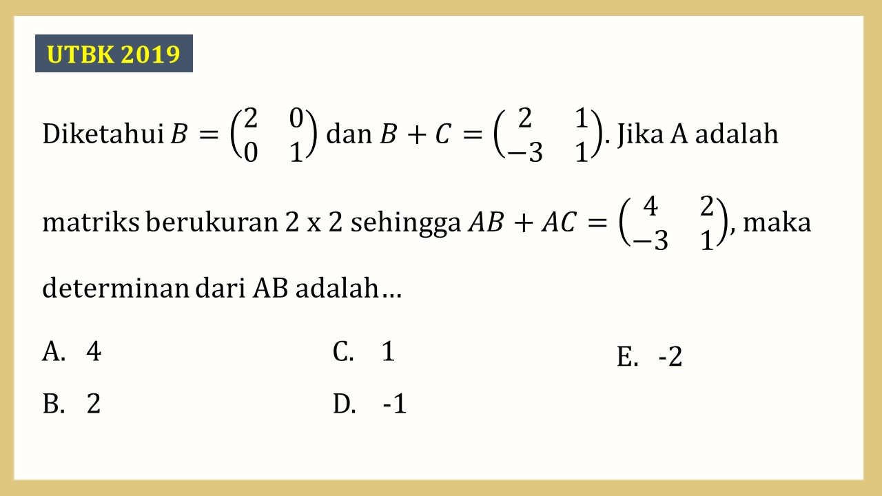 Diketahui B=(2 0 0 1) dan B+C=(2 1 -3 1). Jika A adalah matriks berukuran 2 x 2 sehingga AB+AC=(4 2 -3 1), maka determinan dari AB adalah…
