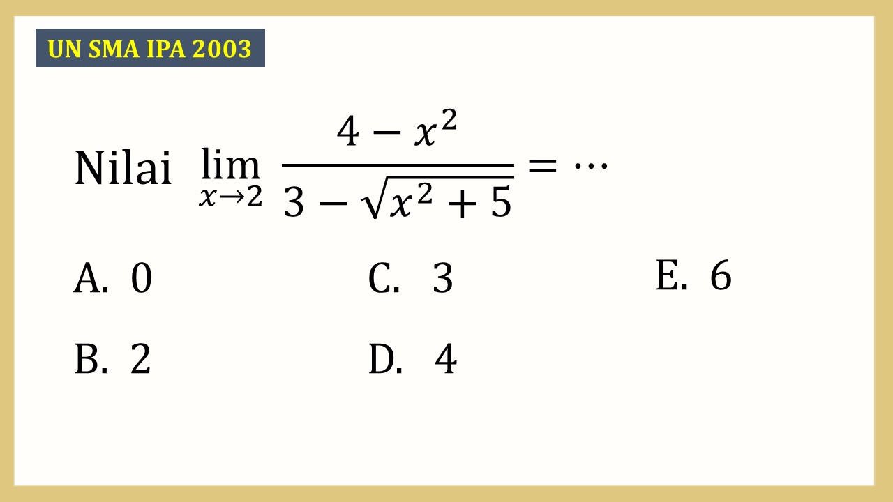 Nilai lim_(x→2)⁡ (4-x^2)/(3-√(x^2+5))=⋯
