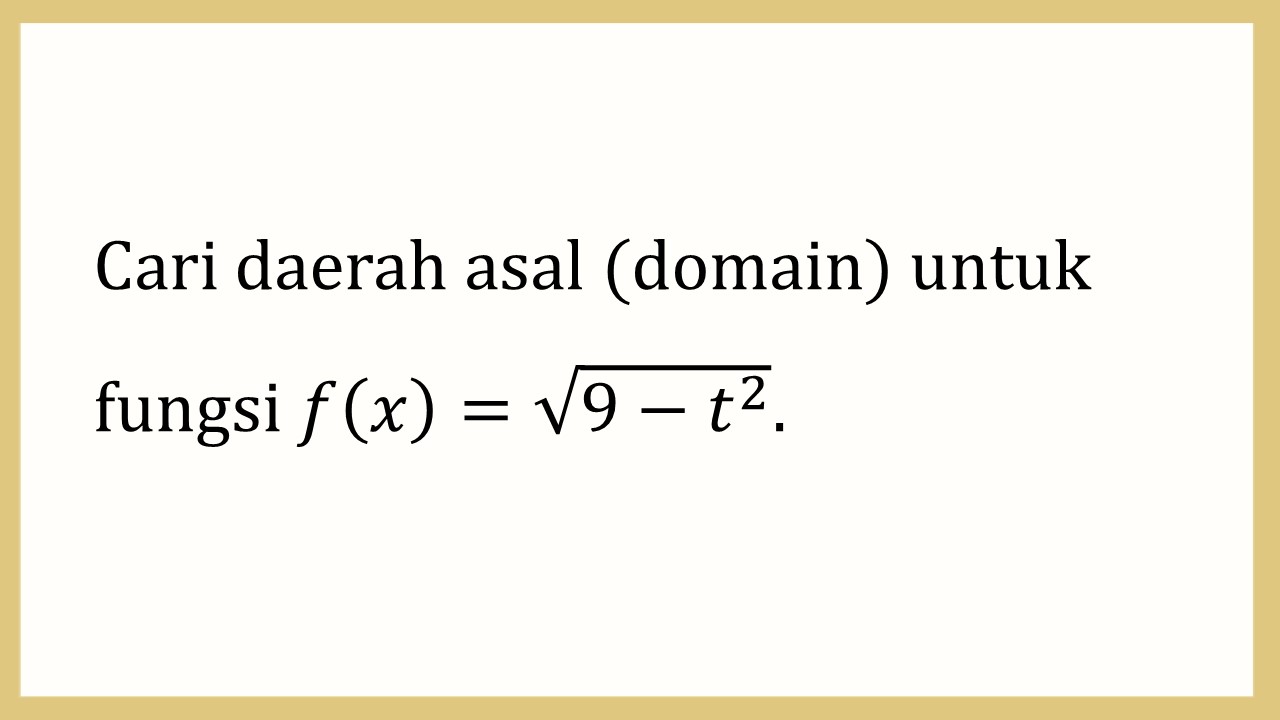 Cari daerah asal (domain) untuk fungsi f(t)=√(9-t^2).
