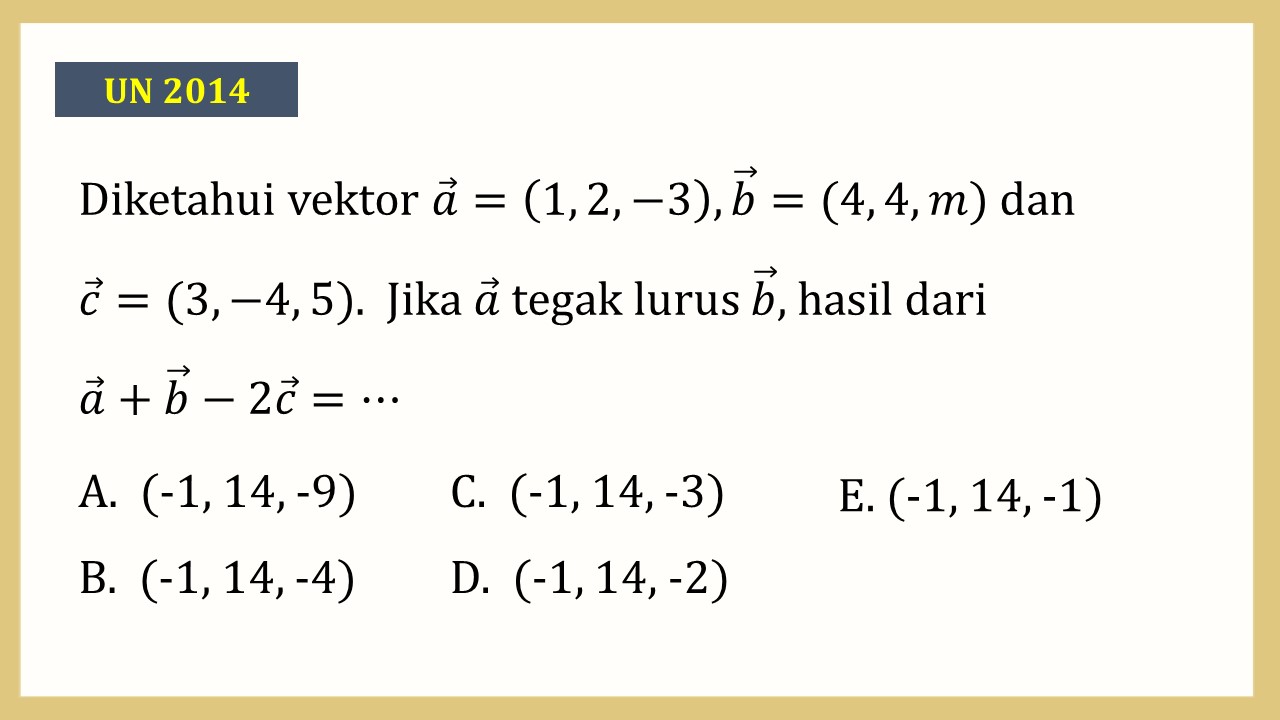 Diketahui vektor a=(1, 2,-3), b=(4, 4, m) dan c=(3,-4, 5). Jika a tegak lurus b, hasil dari a+b-2c=⋯
