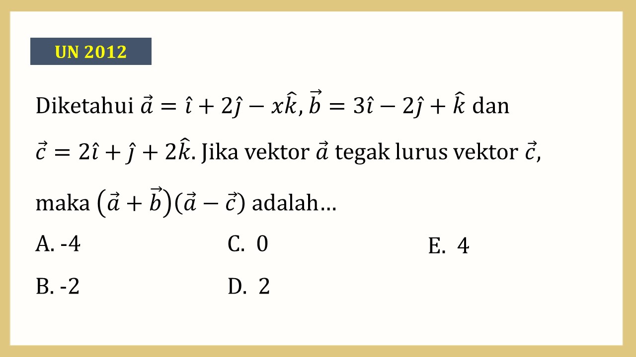 Diketahui a=i+2j-xk, b=3i-2j+k dan c=2i+j+2k. Jika vektor a tegak lurus vektor c, maka (a+b)(a-c) adalah…
