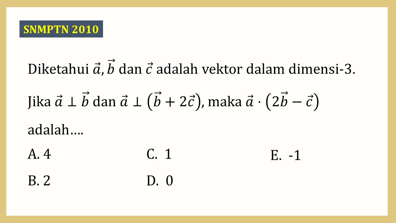 Diketahui a,b dan c adalah vektor dalam dimensi-3. Jika a⊥b dan a⊥(b+2c), maka a⋅(2b-c) adalah….
