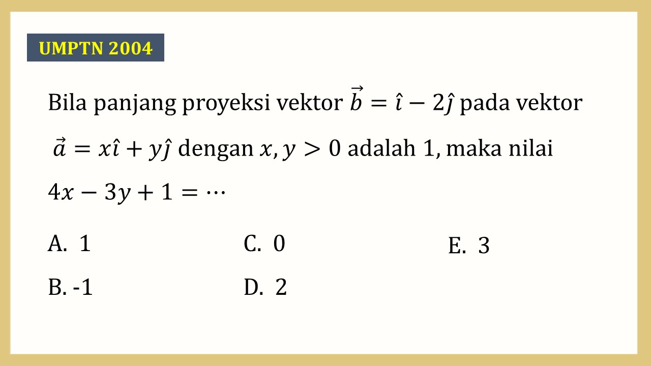 Bila panjang proyeksi vektor b=i-2j pada vektor a=xi+yj dengan x,y>0 adalah 1, maka nilai 4x-3y+1=⋯
