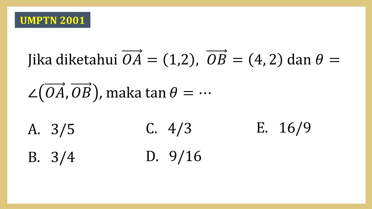 Jika diketahui OA=(1,2), OB=(4, 2) dan θ=∠(OA,OB), maka tan⁡ θ=⋯
