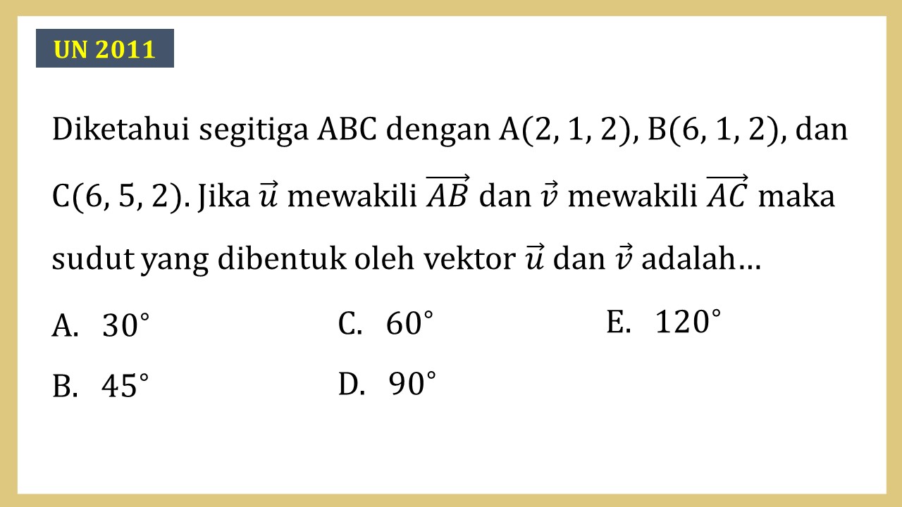 Diketahui segitiga ABC dengan A(2, 1, 2), B(6, 1, 2), dan C(6, 5, 2). Jika u mewakili AB dan v mewakili AC maka sudut yang dibentuk oleh vektor u dan v adalah…
