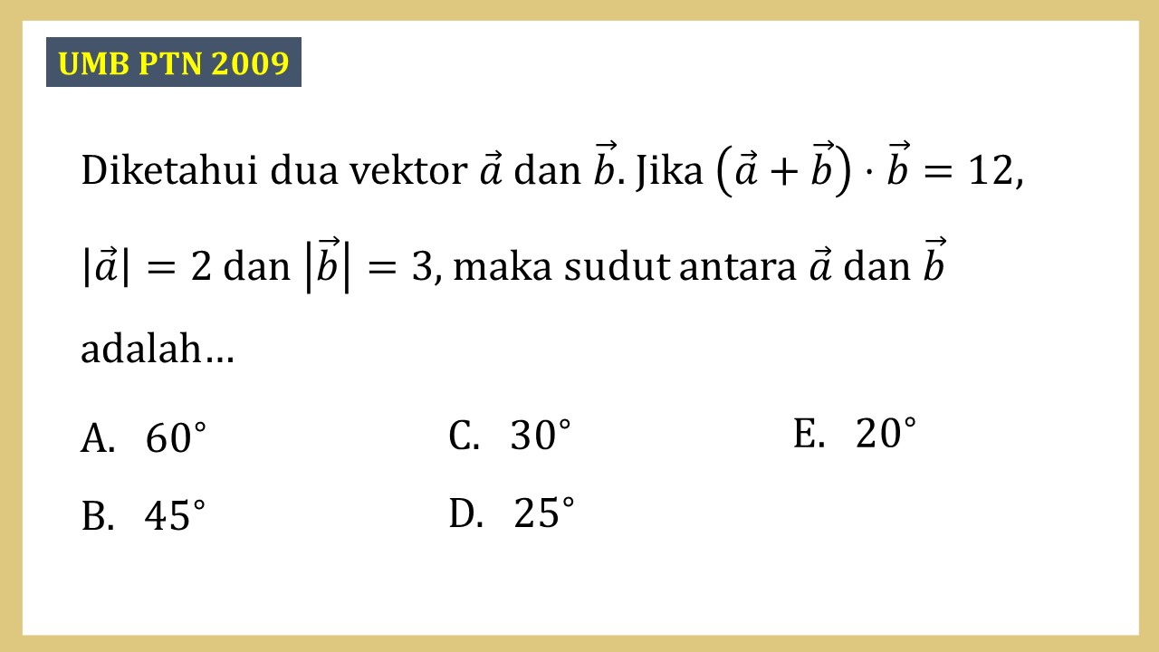 Diketahui dua vektor a dan b. Jika (a+b)⋅b=12, |a|=2 dan |b|=3, maka sudut antara a dan b adalah…
