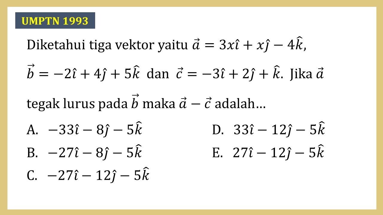 Diketahui tiga vektor yaitu a=3xi+xj-4k, b=-2i+4j+5k dan c=-3i+2j+k. Jika a tegak lurus pada b maka a-c adalah…
