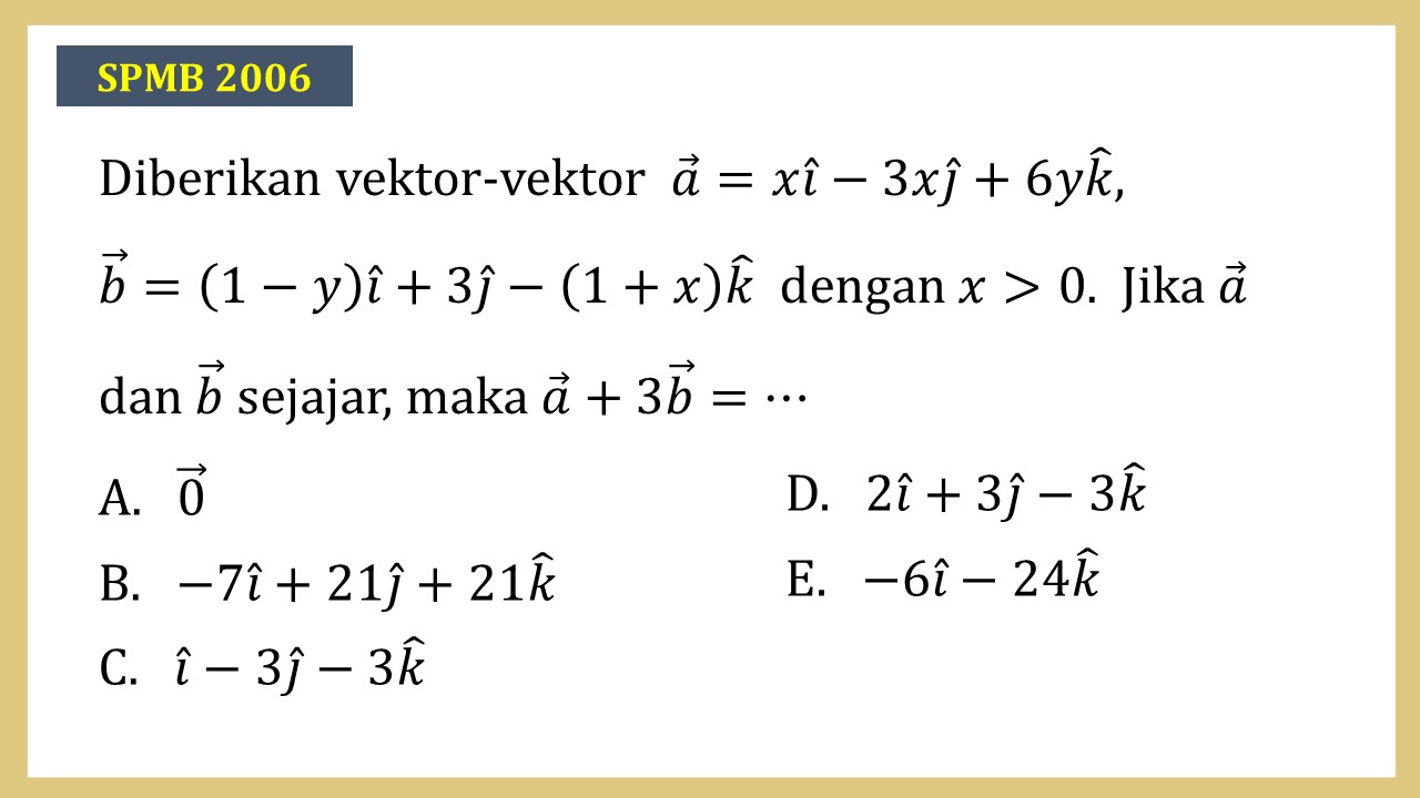 Diberikan vektor-vektor a=xi-3xj+6yk,   
b=(1-y)i+3j-(1+x)k dengan x>0.  Jika a dan b sejajar, maka a+3b=⋯
