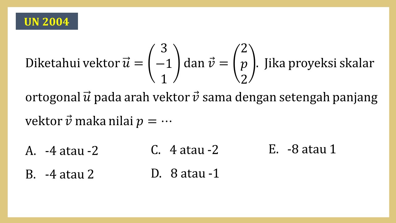 Diketahui vektor u=(3 -1 1) dan v=(2 p 2).  Jika proyeksi skalar ortogonal u pada arah vektor v sama dengan setengah panjang vektor v maka nilai p=⋯
