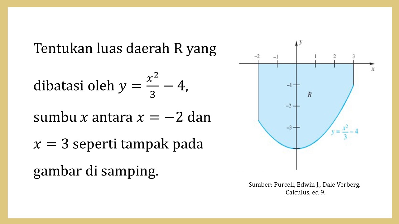 Tentukan luas daerah R yang dibatasi oleh y=x^2/3-4, sumbu x antara x=-2 dan x=3 seperti tampak pada gambar di samping.
