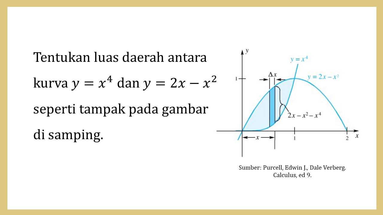 Tentukan luas daerah antara kurva y=x^4 dan y=2x-x^2 seperti tampak pada gambar di samping.
