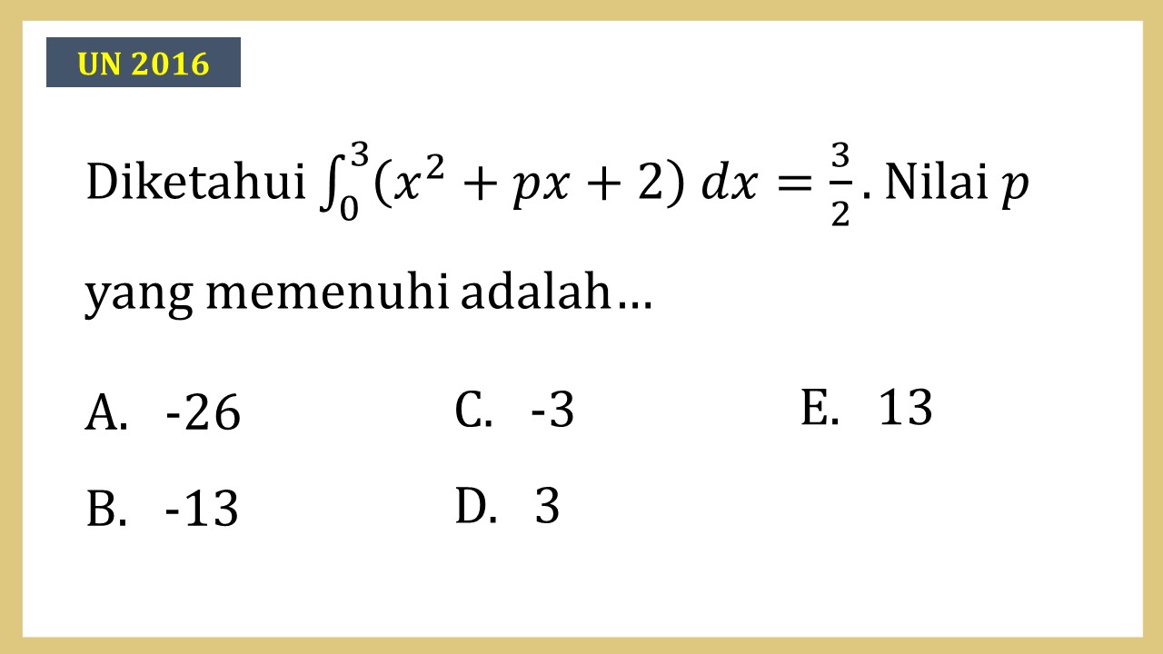 Diketahui ∫_0^3 (x^2+px+2) dx=3/2. Nilai p yang memenuhi adalah…
