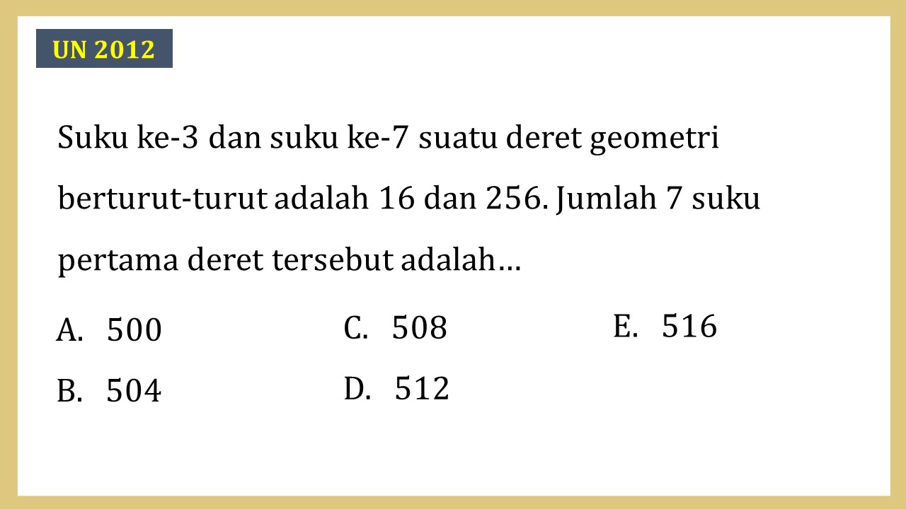 Suku ke-3 dan suku ke-7 suatu deret geometri berturut-turut adalah 16 dan 256. Jumlah 7 suku pertama deret tersebut adalah…
