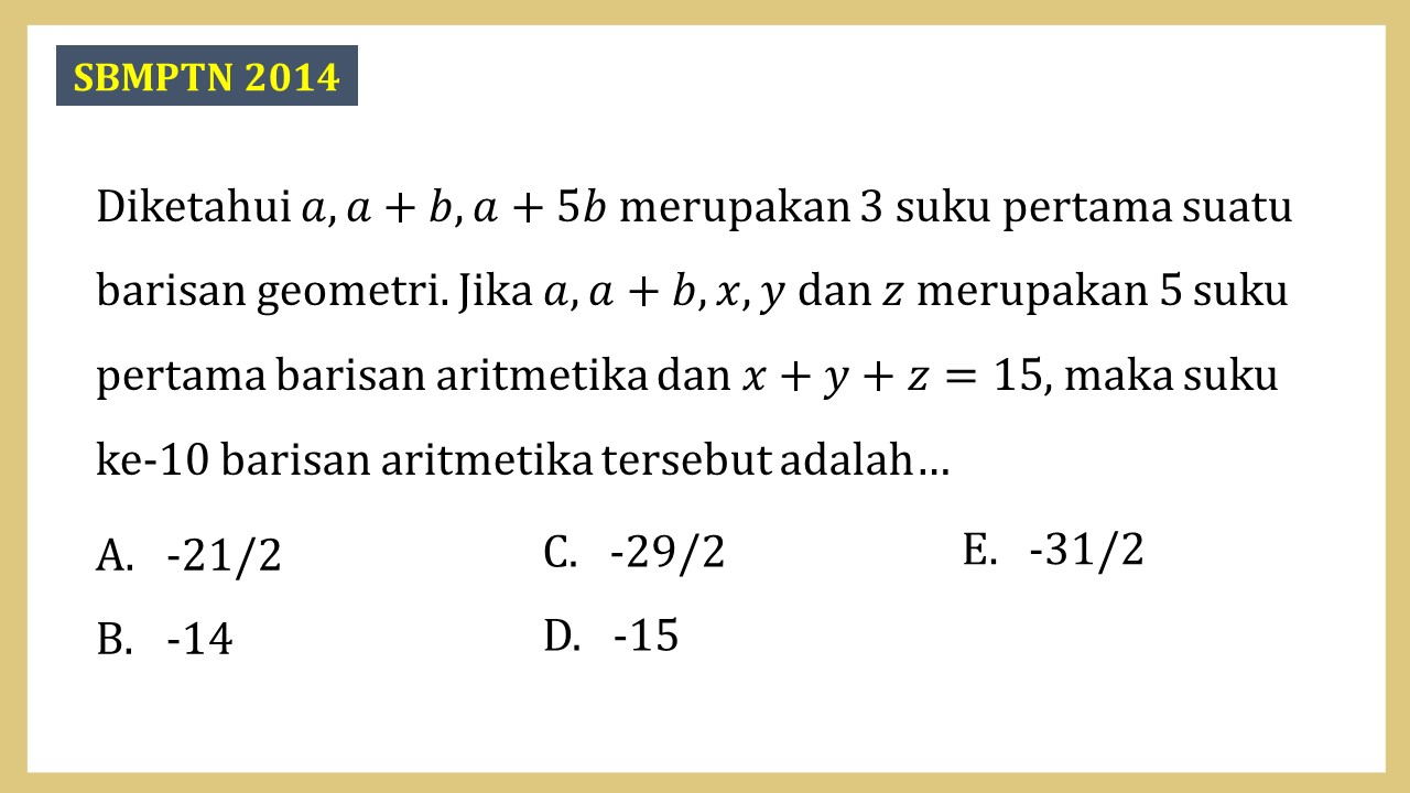 Diketahui a, a+b, a+5b merupakan 3 suku pertama suatu barisan geometri. Jika a, a+b, x, y dan z merupakan 5 suku pertama barisan aritmetika dan x+y+z=15, maka suku ke-10 barisan aritmetika tersebut adalah…
