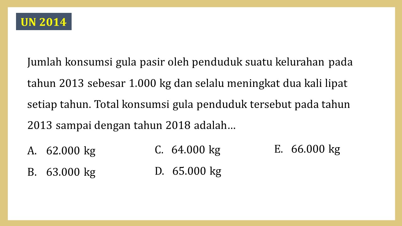 Jumlah konsumsi gula pasir oleh penduduk suatu kelurahan pada tahun 2013 sebesar 1.000 kg dan selalu meningkat dua kali lipat setiap tahun. Total konsumsi gula penduduk tersebut pada tahun 2013 sampai dengan tahun 2018 adalah…
