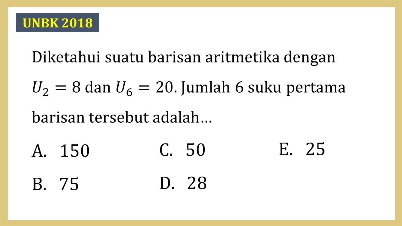 Diketahui suatu barisan aritmetika dengan U2=8 dan U6=20. Jumlah 6 suku pertama barisan tersebut adalah…
