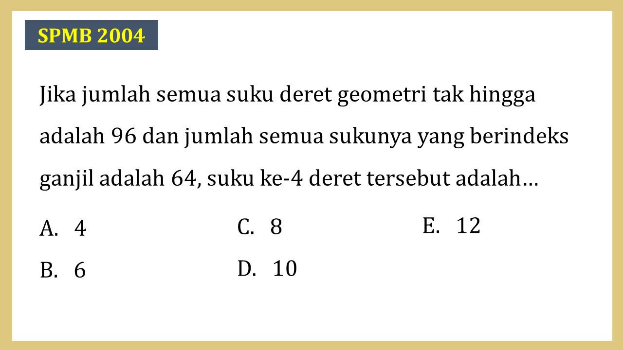 Jika jumlah semua suku deret geometri tak hingga adalah 96 dan jumlah semua sukunya yang berindeks ganjil adalah 64, suku ke-4 deret tersebut adalah…
