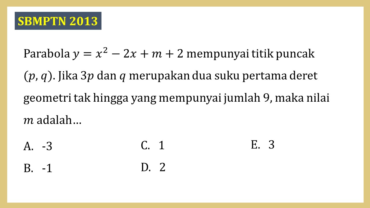 Parabola y=x^2-2x+m+2 mempunyai titik puncak 
(p, q). Jika 3p dan q merupakan dua suku pertama deret geometri tak hingga yang mempunyai jumlah 9, maka nilai m adalah…
