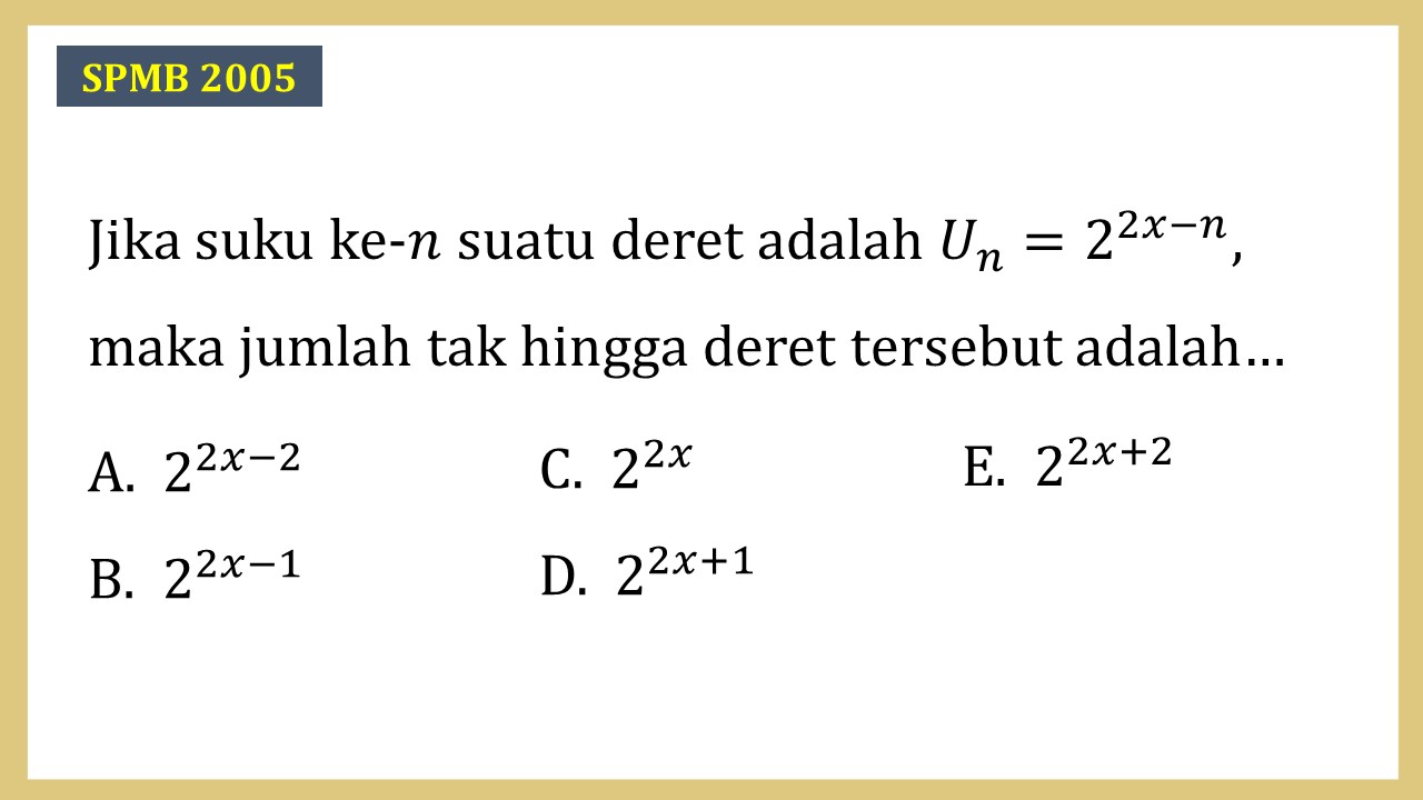 Jika suku ke-n suatu deret adalah Un=2^(2x-n), maka jumlah tak hingga deret tersebut adalah…
