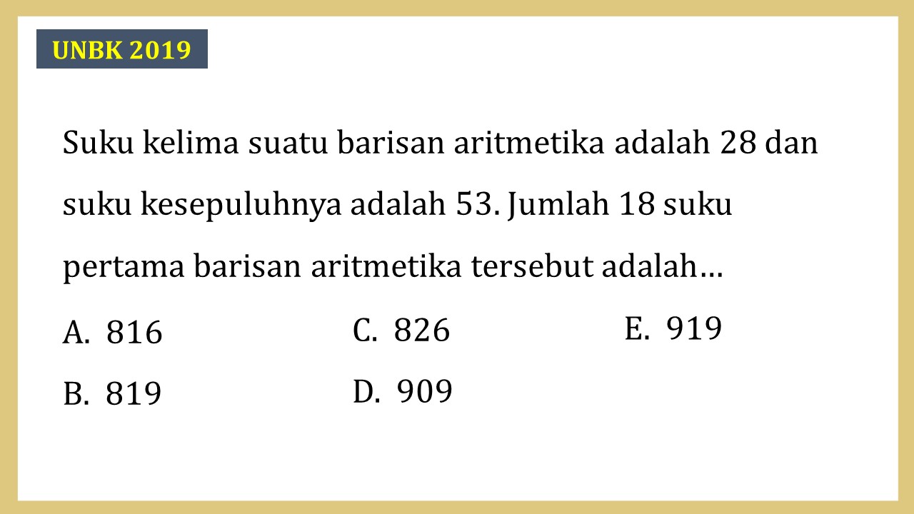 Suku kelima suatu barisan aritmetika adalah 28 dan suku kesepuluhnya adalah 53. Jumlah 18 suku pertama barisan aritmetika tersebut adalah…
