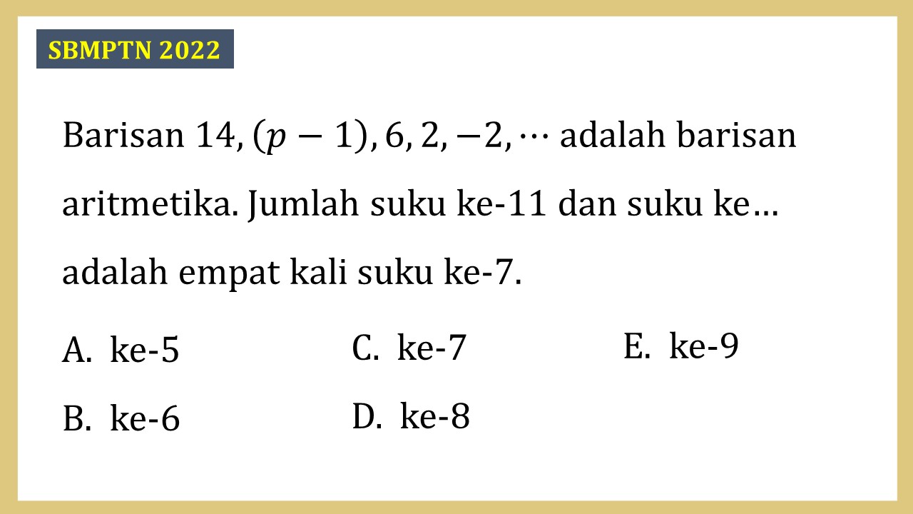Barisan 14, (p-1), 6, 2, -2, ⋯ adalah barisan aritmetika. Jumlah suku ke-11 dan suku ke… adalah empat kali suku ke-7.
